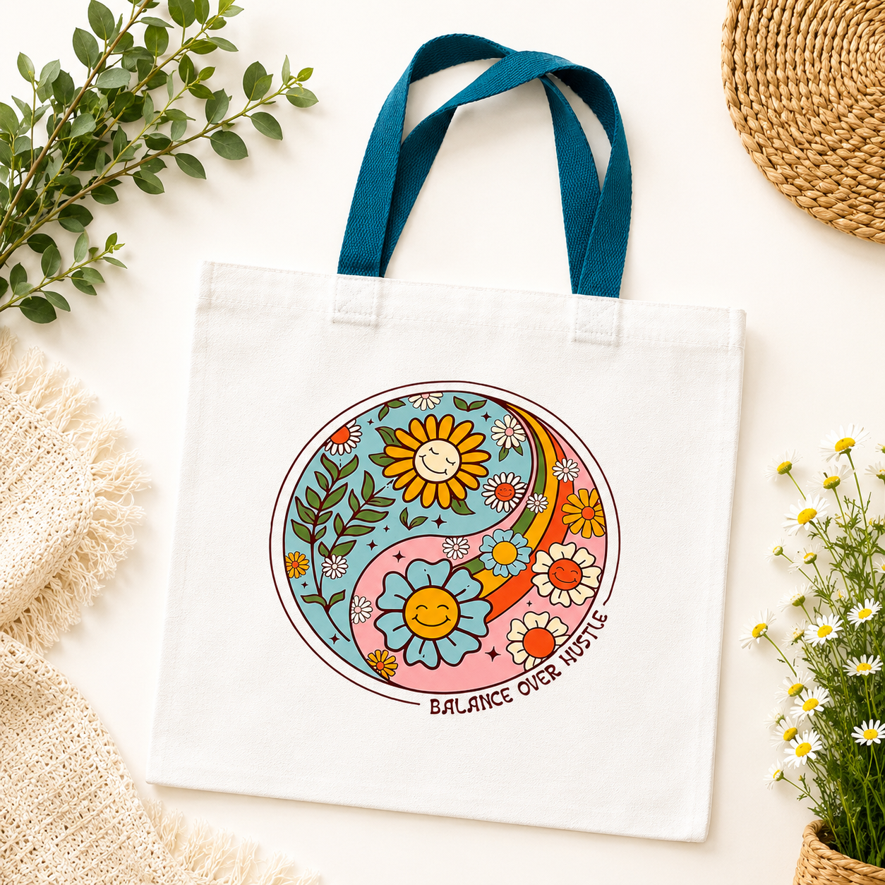 Yin Yang Floral Tote Bag