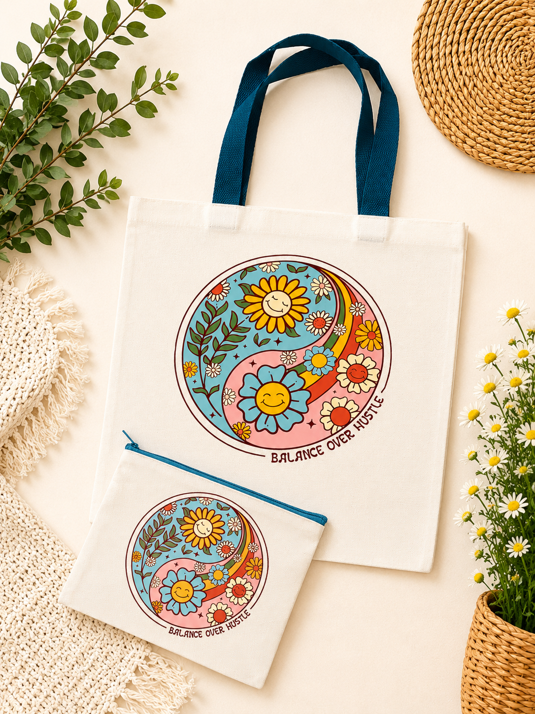 Yin Yang Floral Tote Bag